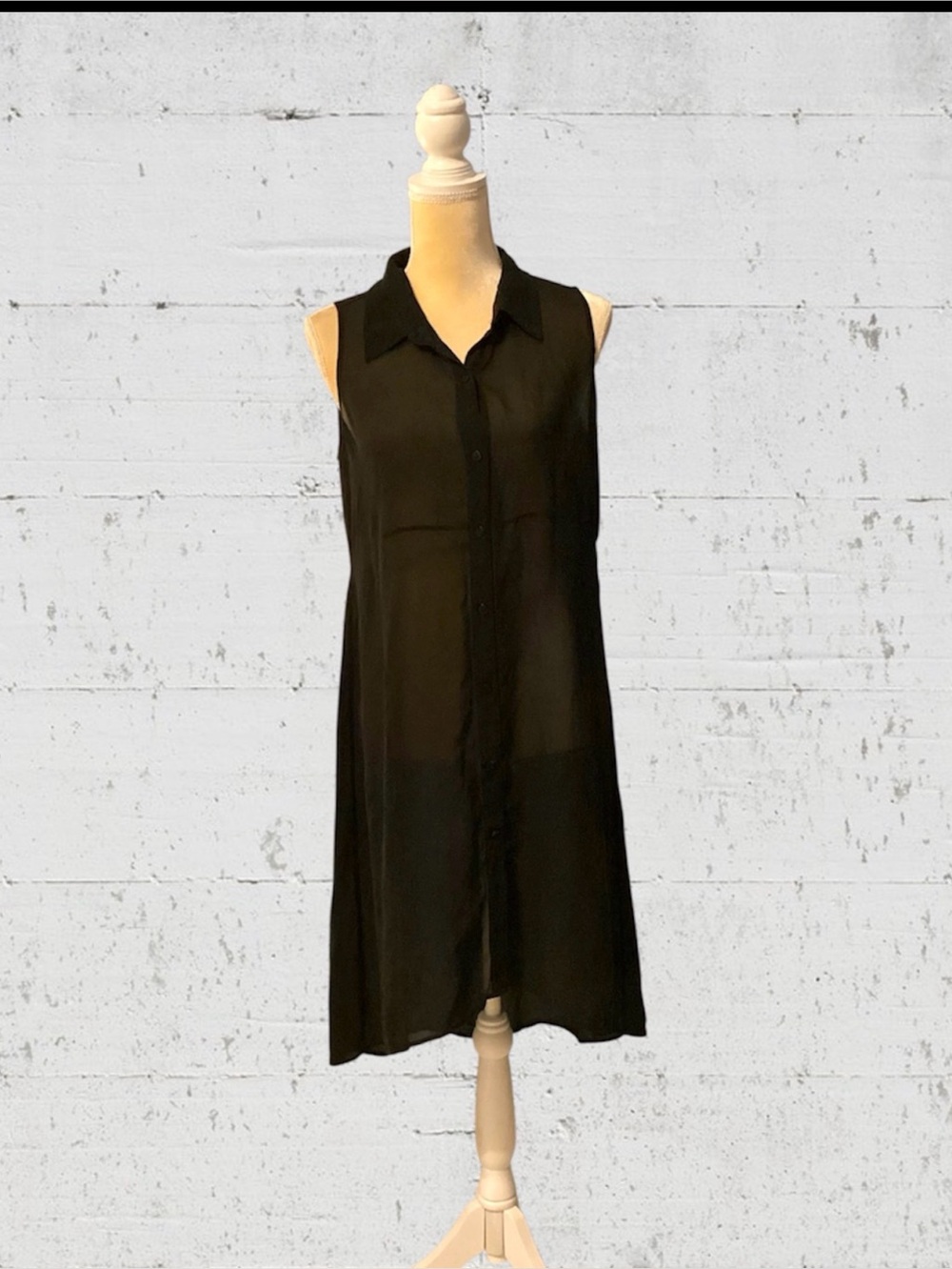 Eileen Fisher 100% Silk Sheer Black Button Down Tunic Top Dress Size Sm